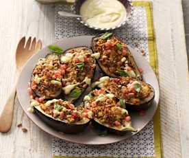 Stuffed Aubergine with Saffron Yoghurt and Pomegranate Seeds