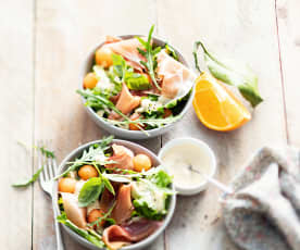 Salade de jambon serrano au melon et crème à l'orange 