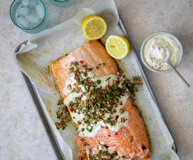 Baked whole-side of salmon with yoghurt dressing