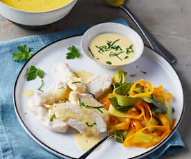 Menu with Vegetable Soup, Chicken with Mustard Sauce and Steamed Vegetables