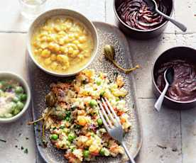 Sałatka warzywna; Gulasz z żółtej soczewicy; Wegański mus czekoladowy