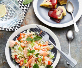 Salade de riz, tomates, fenouil et saumon - Gâteau vanille et fruits rouges