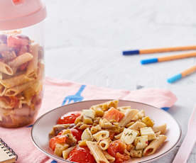 Penne integrali con melanzane, pomodori e mozzarella