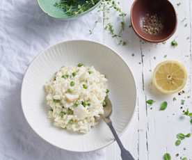 Risoto de bacalhau, ervilhas e hortelã