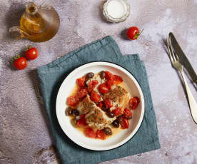 Merluzzo sottovuoto con pomodorini e olive