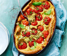 Clafoutis aux tomates cerise, mozzarella et basilic