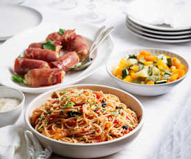 Menú: Espaguetis en salsa de nueces y rollitos de jamón con verduras
