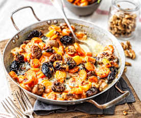 Gratin de carotte, patate douce et châtaigne, crème au roquefort