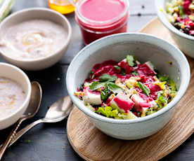 Batch Cooking | Salade de lentilles Beluga, vinaigrette à la framboise et tofu & yaourt stracciatella