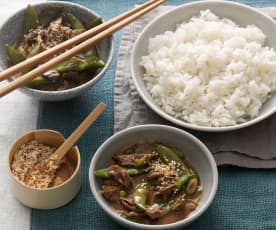 Ginger beef and sugar snap peas with rice