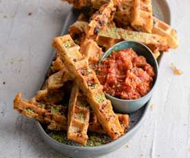 Churros salgados de waffles com molho de tomate picante