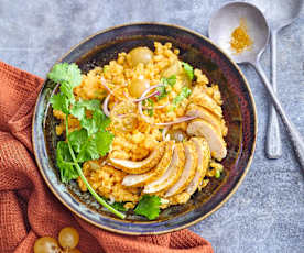 Salade de lentilles corail au poulet et aux raisins blancs