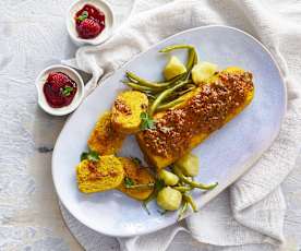 Polpettone vegetariano con contorno di verdure; cheesecake ai lamponi