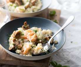 Risotto cremoso de champiñones y camarón.