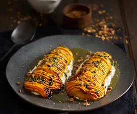 Abóbora assada com creme de hortelã e azeite de ervas aromáticas e avelã