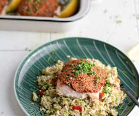 Salmão com crosta de pesto de tomate seco e arroz de legumes