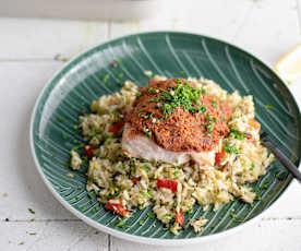 Zalm met zongedroogde-tomatenpesto en groenterijst