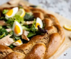 Wholemeal Easter bread with eggs and smoked trout fillets
