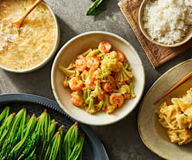 肉糜榨菜蛋汤/虾仁花菜/百叶包及菠菜