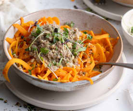 Spiralized Butternut Squash with Italian Sausage, Gorgonzola and Walnuts