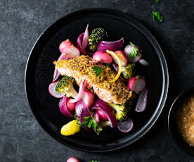 Crispy Parmesan Salmon with Vegetables and Lemon Cream Sauce