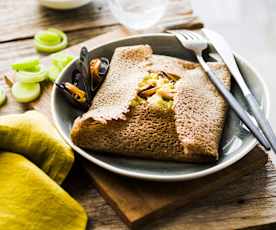 Galette de sarrasin moules et fondue de poireau