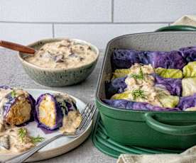 Rainbow cabbage rolls with mushroom sauce