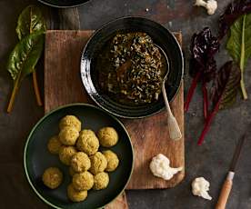 Almôndegas de couve-flor com salteado de acelgas