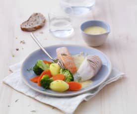 Duo de poissons au beurre blanc et petits légumes