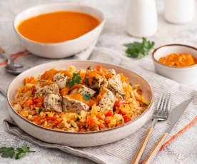 Zupa krem z pomidorów; Kurczak z warzywnym ryżem