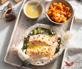 Zalm met broccoli en honing-mosterdsaus