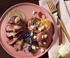 Steak with Peppered Parmesan Sauce and Roquefort Potatoes