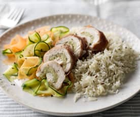 Steamed Stuffed Chicken with Cumin Rice and Ribbon Vegetables