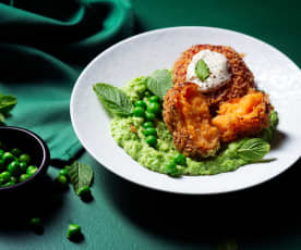 Cheesy Sweet Potato Bites with Mint-Pea-Purée