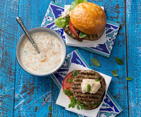 Moroccan lamb burgers with harissa yoghurt dressing