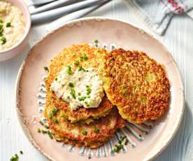 Spargel-Kartoffel-Rösti mit Schinken-Ei-Dip