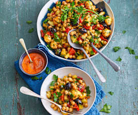 Salade de pois chiches, mozzarella et crème de poivron