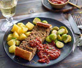 Linsenbraten mit Zwiebelsauce und Rosenkohl