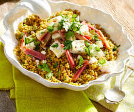 Orientalischer Ebly®-Salat mit Rhabarber und Schafskäse