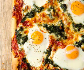 Pizza with Tomato, Red Pepper Sauce, Spinach and Eggs