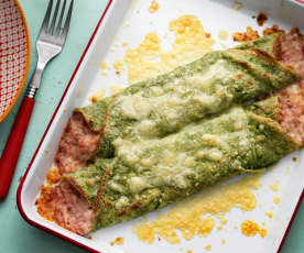 Green pancakes with ham and cheese