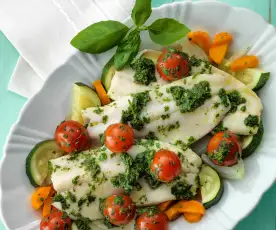 Trout with Pesto, Tomatoes and Vegetables