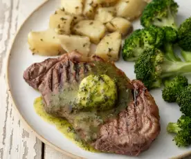 Sirloin Steaks and Herb Butter with Rosemary Potatoes and Broccoli