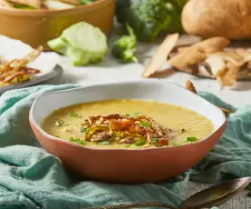 Broccoli Stem Soup with Crispy Potato Skins