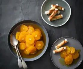 Oranges in caramel syrup with ginger wafers