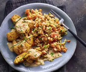 Poulet mit Zucchetti-Karotten-Reis 