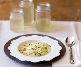 Traditional chicken broth with angel hair pasta