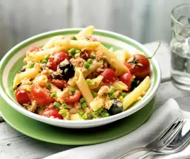 Pasta salad with trout and vegetables