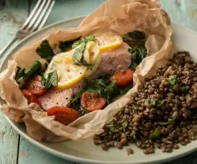 Salmon with Spinach, Tomatoes and Lentils