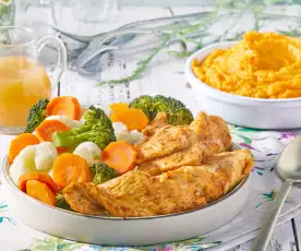 Paprika Chicken with Vegetables and Mashed Sweet Potatoes